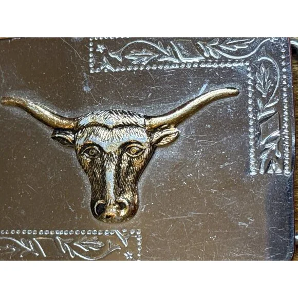 Vintage Longhorn Steer Head Western Belt Buckle Silver Tone Gold Accent - Picture 5 of 8